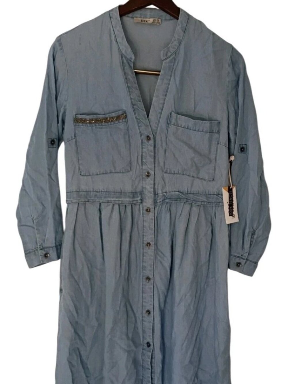 NWT Dex Denim Chambray Dress Size XS Button Up Dress Pocket Accents Slight Flaw